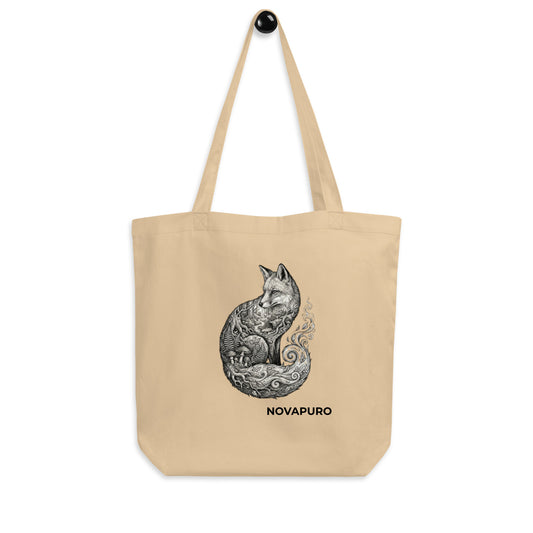 Novapuro Autumn Spirit Organic Tote Bag. Artistic double exposure illustration of a fox with forest mushrooms and ferns. Beige premium sustainable organic cotton canvas shopper.