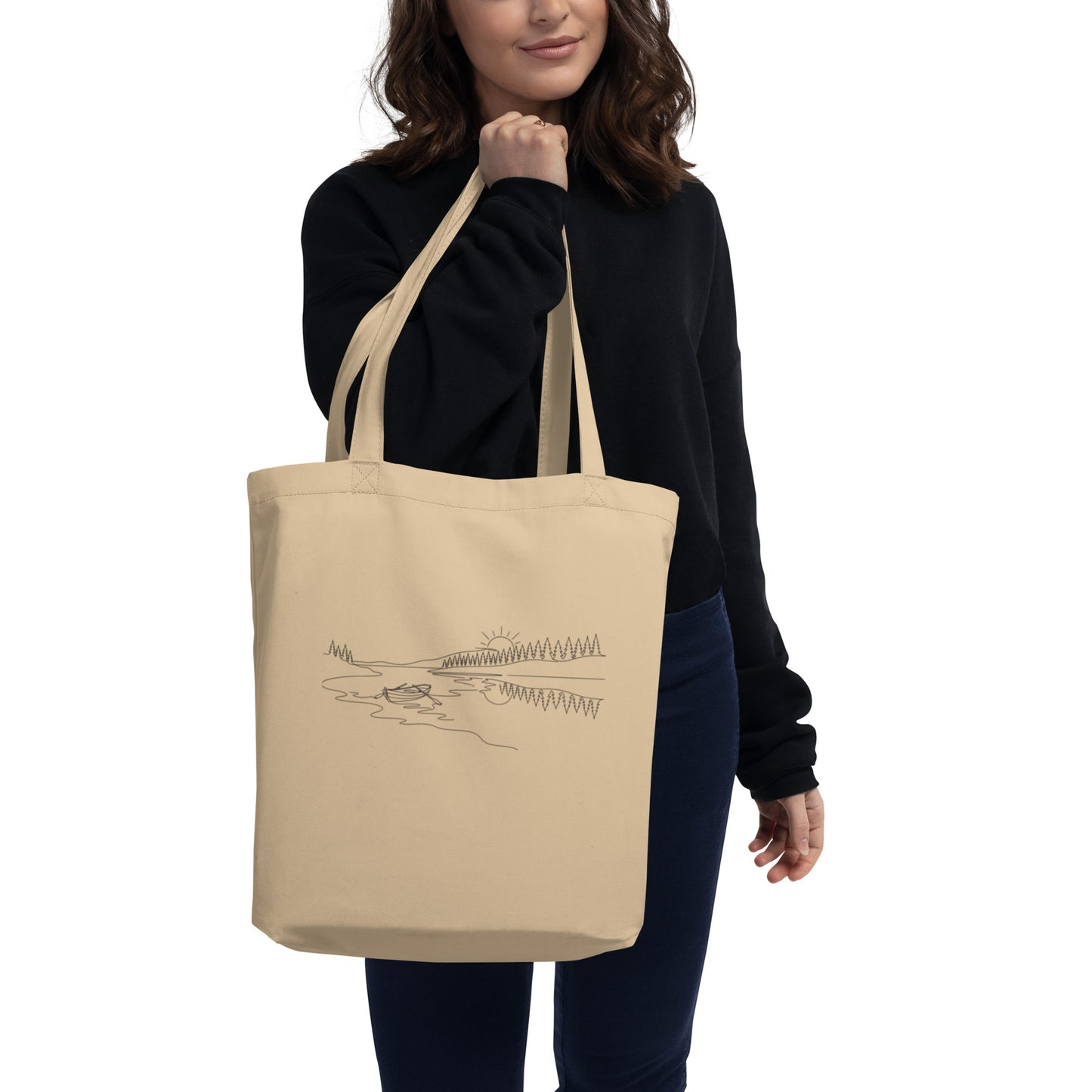 Novapuro Midnight Lake organic cotton tote bag featuring a minimalist continuous line drawing of a Nordic lake