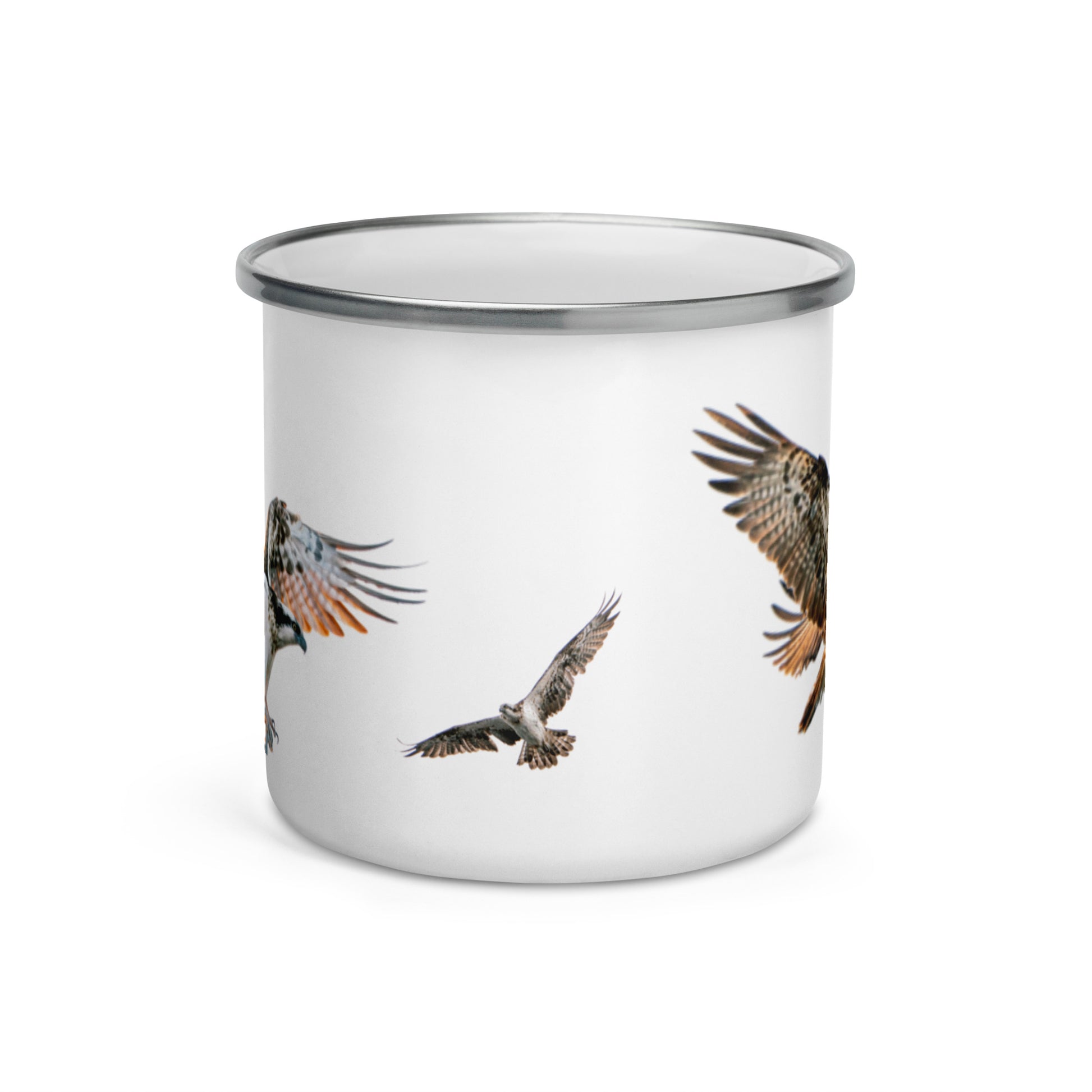 An enamel camper mug featuring a detailed stippling art print of an Osprey (Kalasääski) by Mikko Monto.