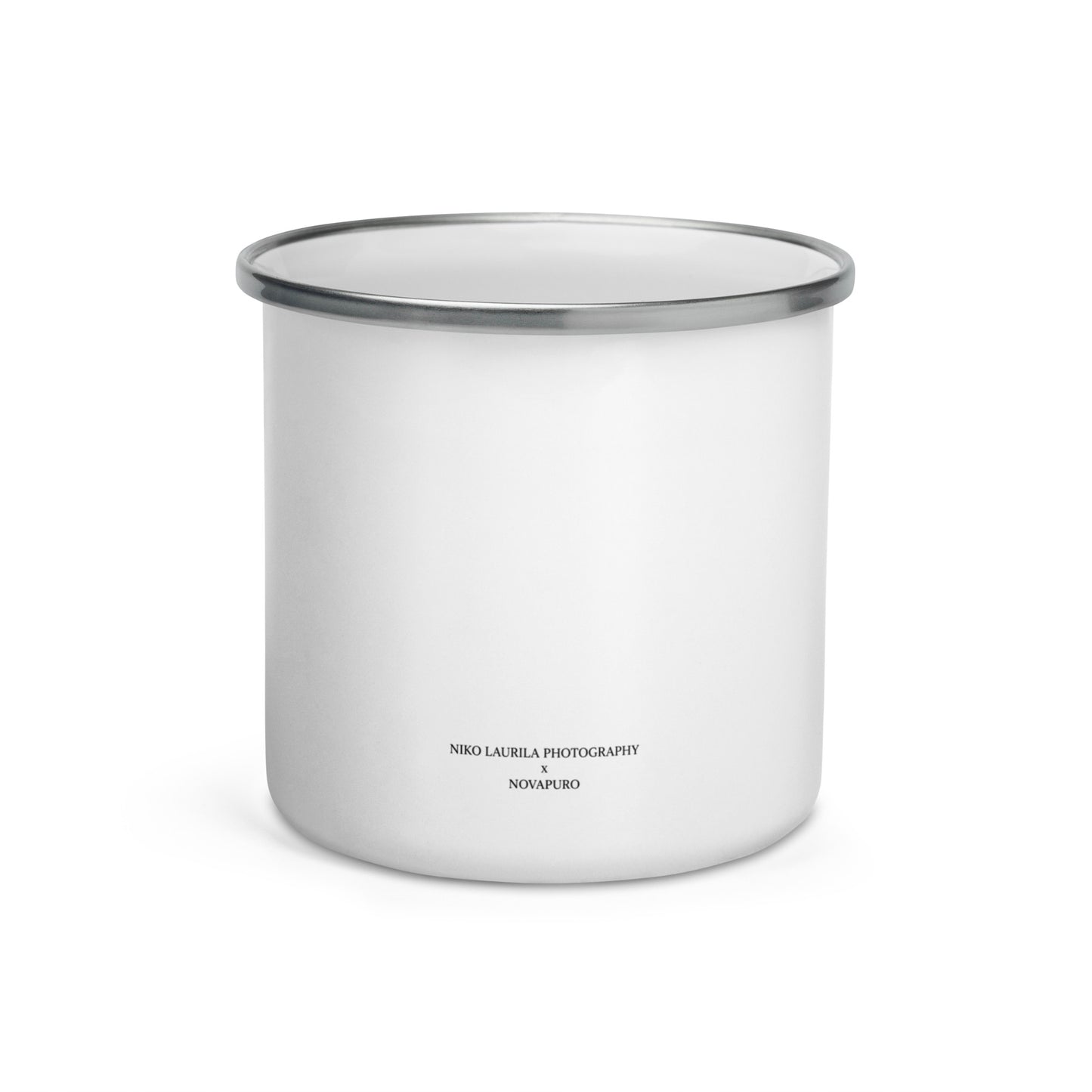 Niko Laurila x Novapuro white enamel camper mug featuring an original red fox wildlife photograph resting on a wooden board