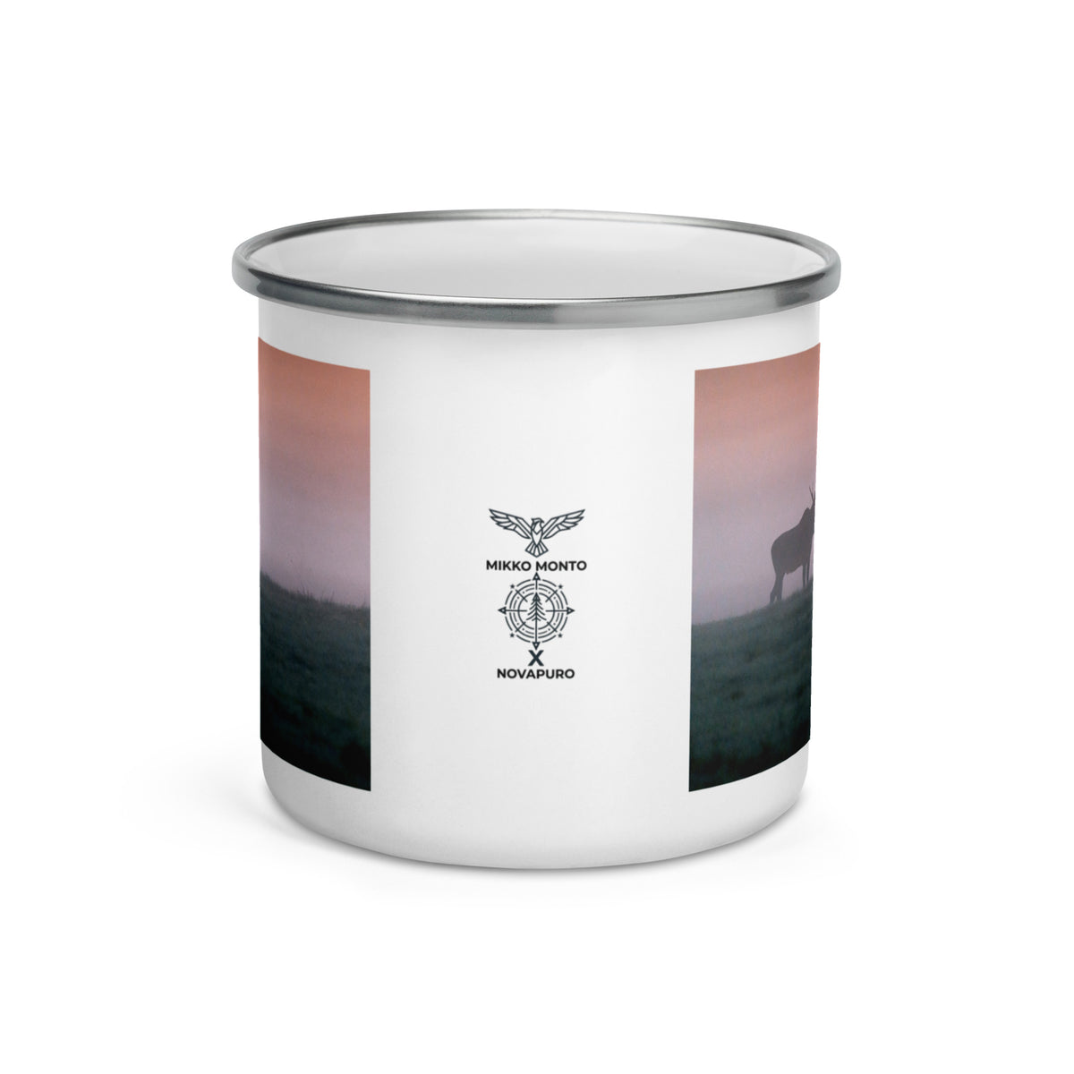 Close-up of the 'Misty Moose' enamel camper mug showcasing the Nordic wildlife art and durable silver rim.