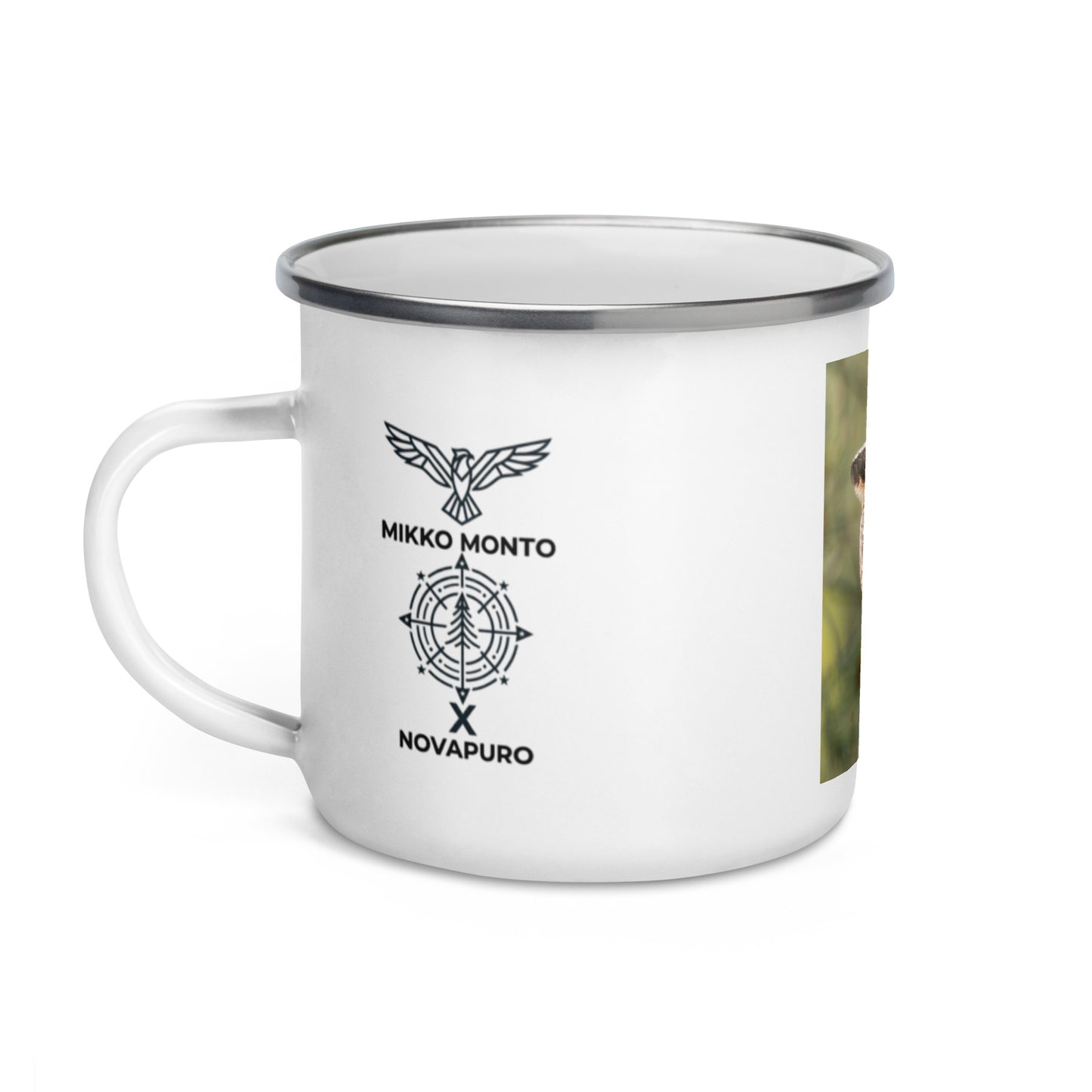 Side view of a white enamel mug showing the Novapuro x Mikko Monto collaboration logo.