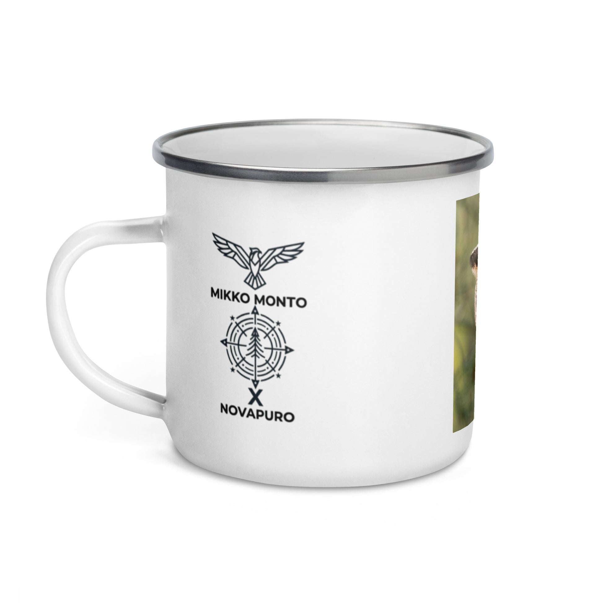 Side view of a white enamel mug showing the Novapuro x Mikko Monto collaboration logo.