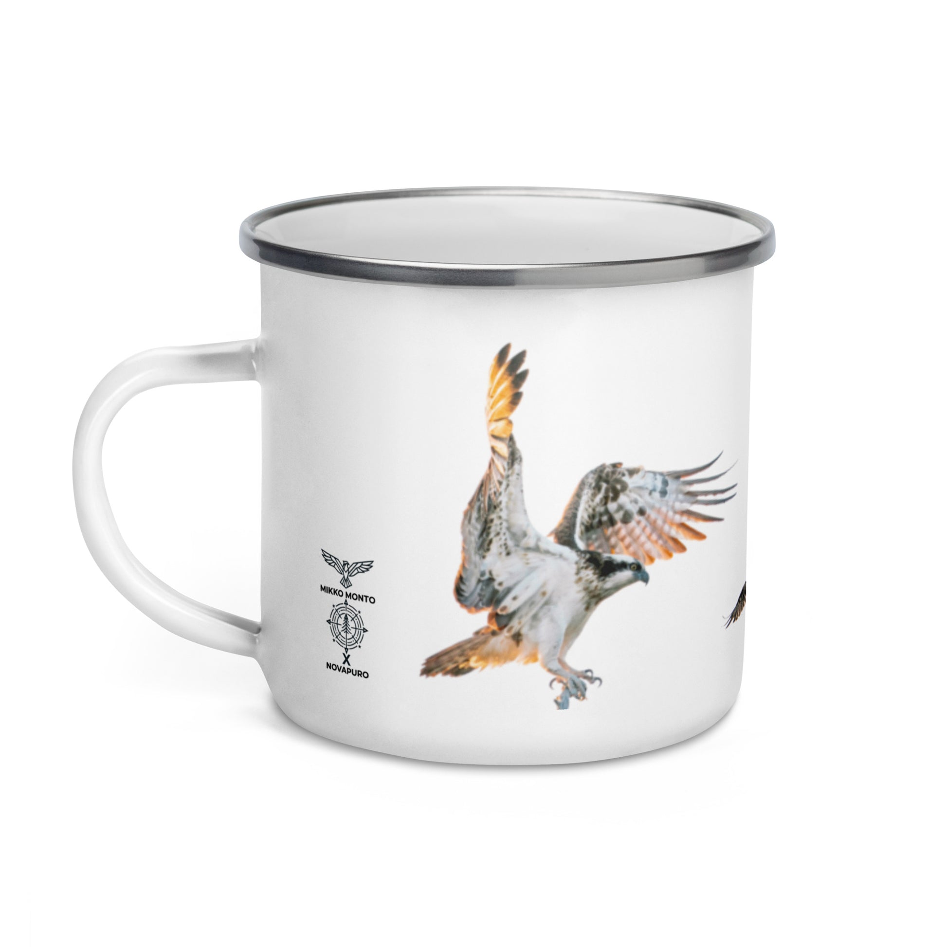 An enamel camper mug featuring a detailed stippling art print of an Osprey (Kalasääski) by Mikko Monto.