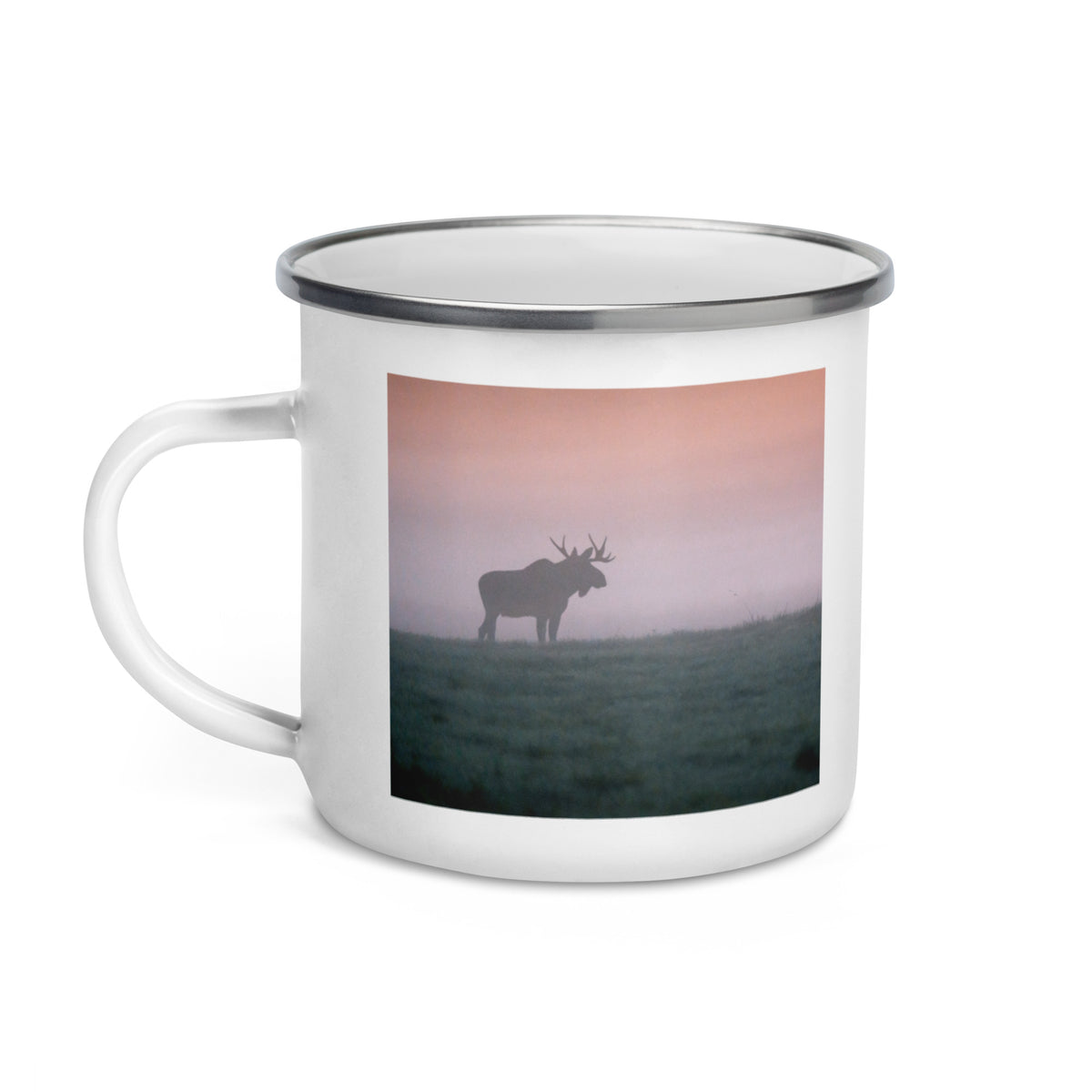 Close-up of the 'Misty Moose' enamel camper mug showcasing the Nordic wildlife art and durable silver rim.