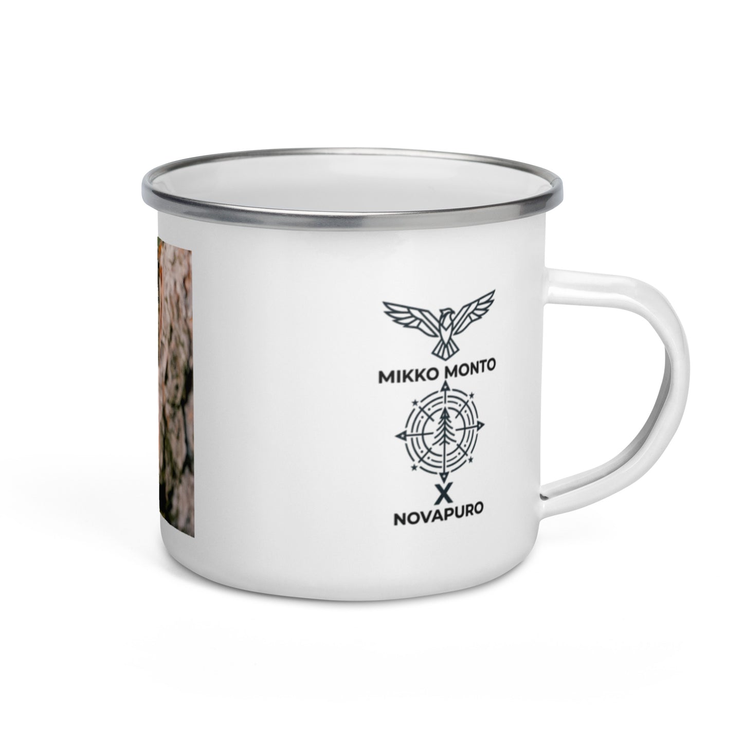 Side view of a white enamel mug showing the Novapuro x Mikko Monto collaboration logo.