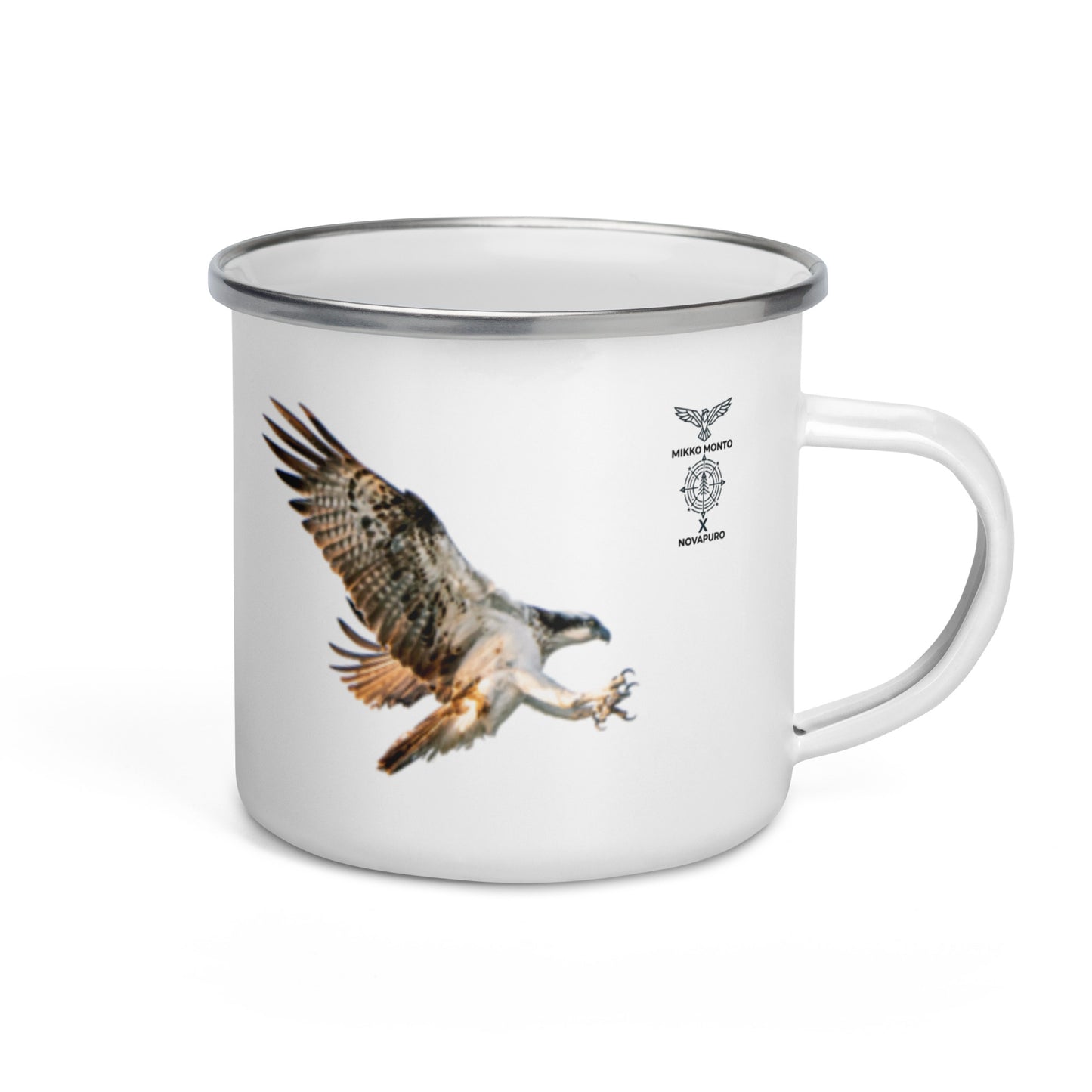 Side view of a white enamel mug showing the Novapuro x Mikko Monto collaboration logo.