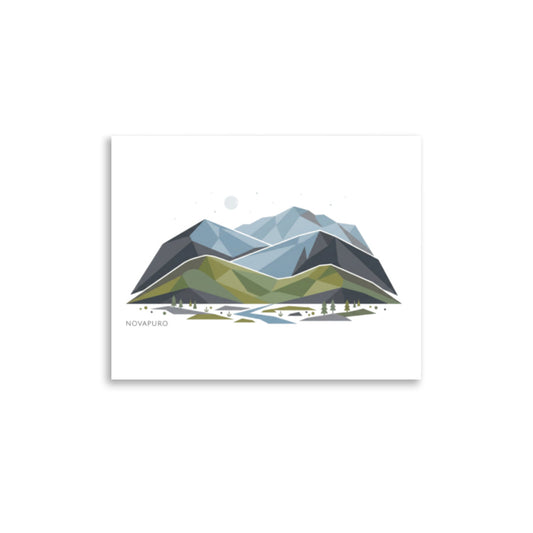 A horizontal enhanced matte paper poster displaying an abstract geometric illustration of Nordic mountains and nature in soft blue, green, and grey tones, hanging on a white wall.