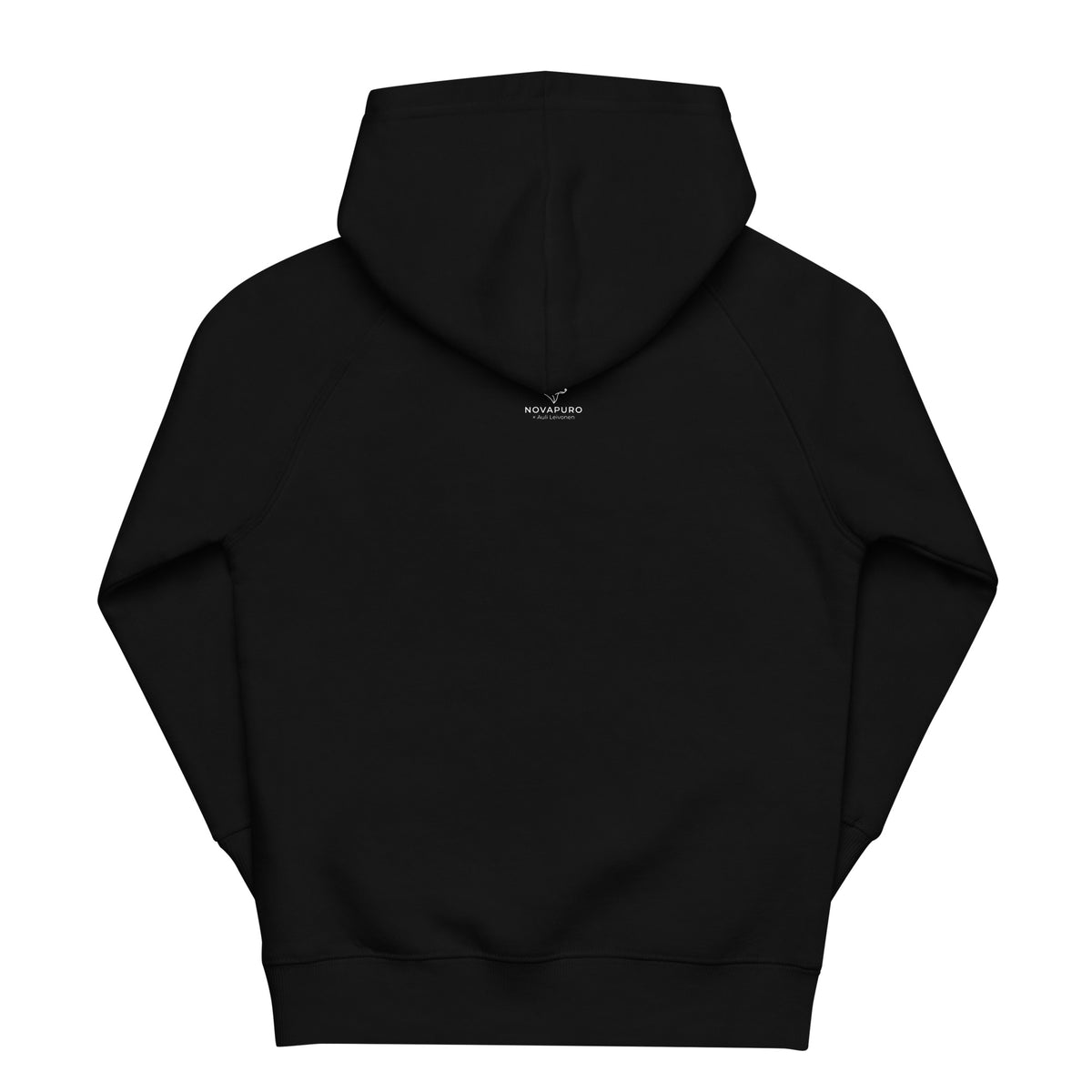 Black kids eco hoodie featuring a Nordic bear design, a sustainable nature-inspired collaboration between Novapuro and Auli Leivonen.