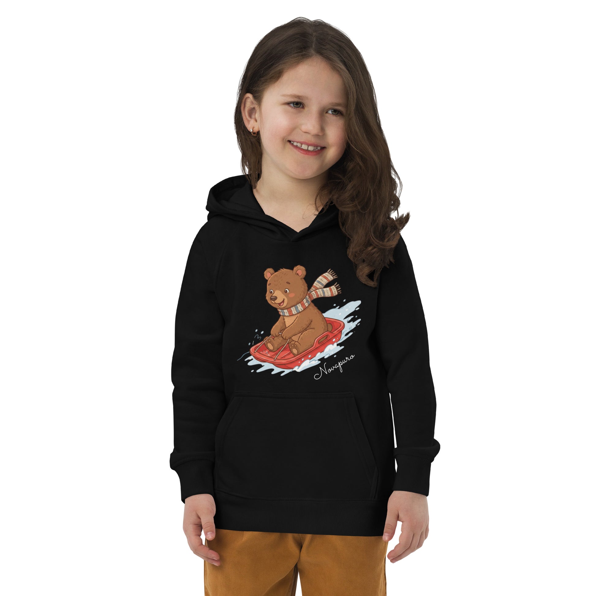 Novapuro Kids Sledding Champion Eco Hoodie. Warm organic cotton hoodie for children with fun winter sledding print. Sustainable kids fashion.