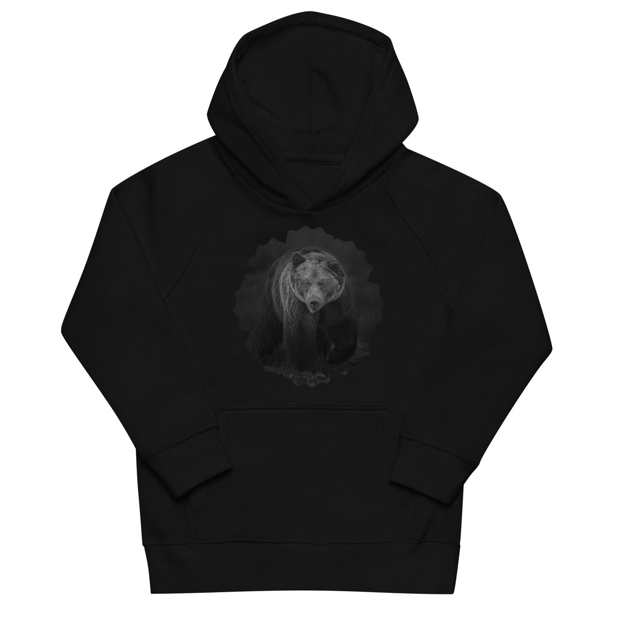 Black kids eco hoodie featuring a Nordic bear design, a sustainable nature-inspired collaboration between Novapuro and Auli Leivonen.