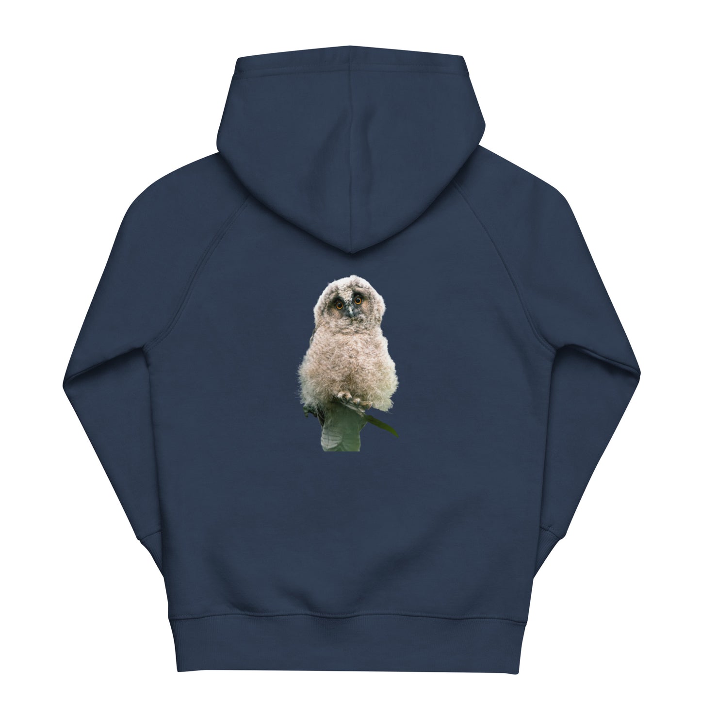 Back view of a navy blue kids' organic hoodie featuring Long-eared Owl wildlife stippling art.