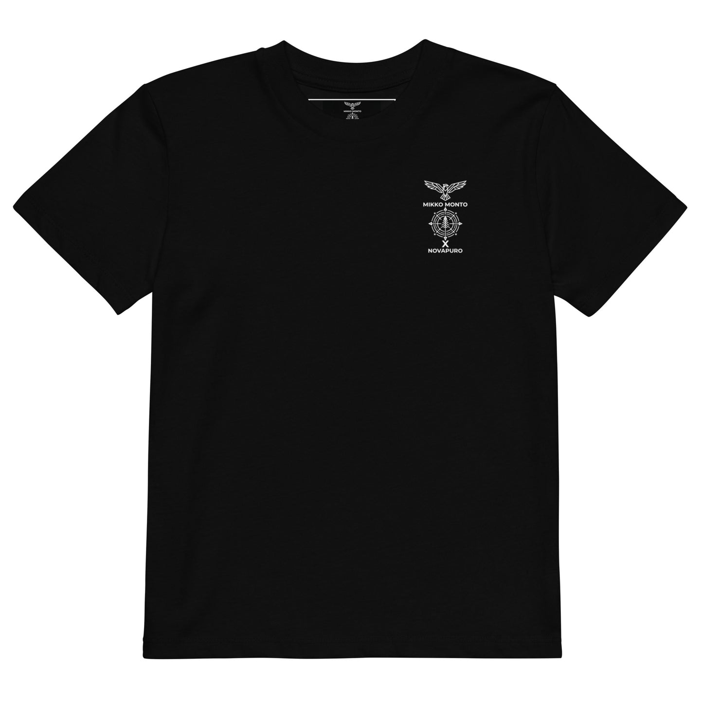 Front view of a child wearing a black organic t-shirt with the small Novapuro x Mikko Monto logo on the chest.