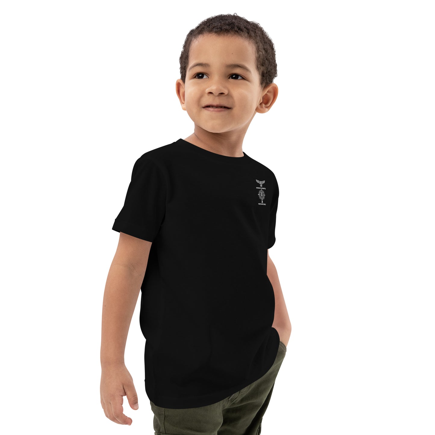 Front view of a child wearing a black organic t-shirt with the small Novapuro x Mikko Monto logo on the chest.