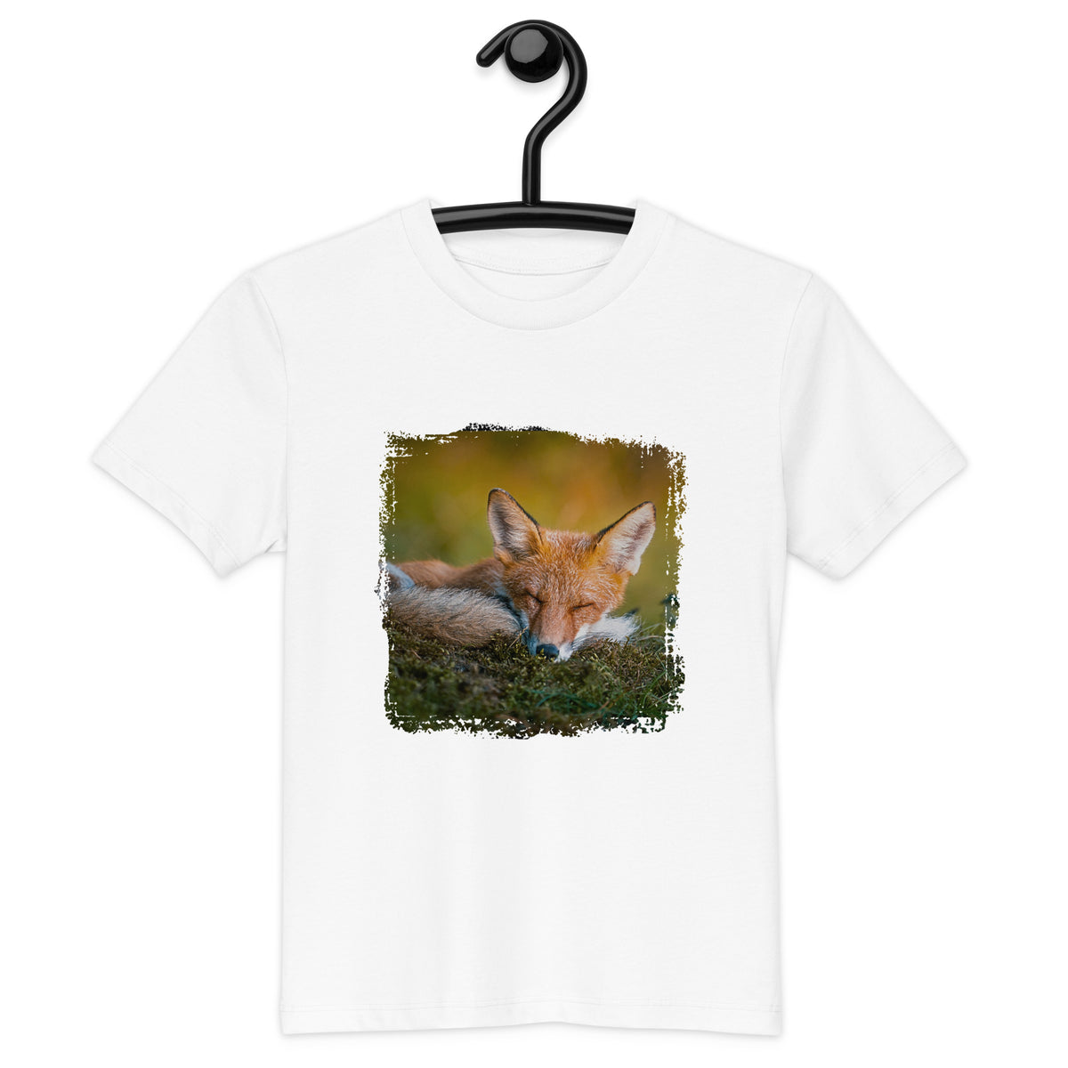 Front view of the eco-friendly kids' organic cotton t-shirt showcasing the sleeping fox wildlife photography