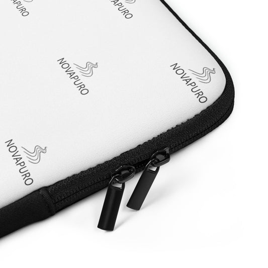 Premium white laptop sleeve featuring a repeating black Novapuro logo pattern, minimalist Scandinavian tech accessory with faux fur lining.