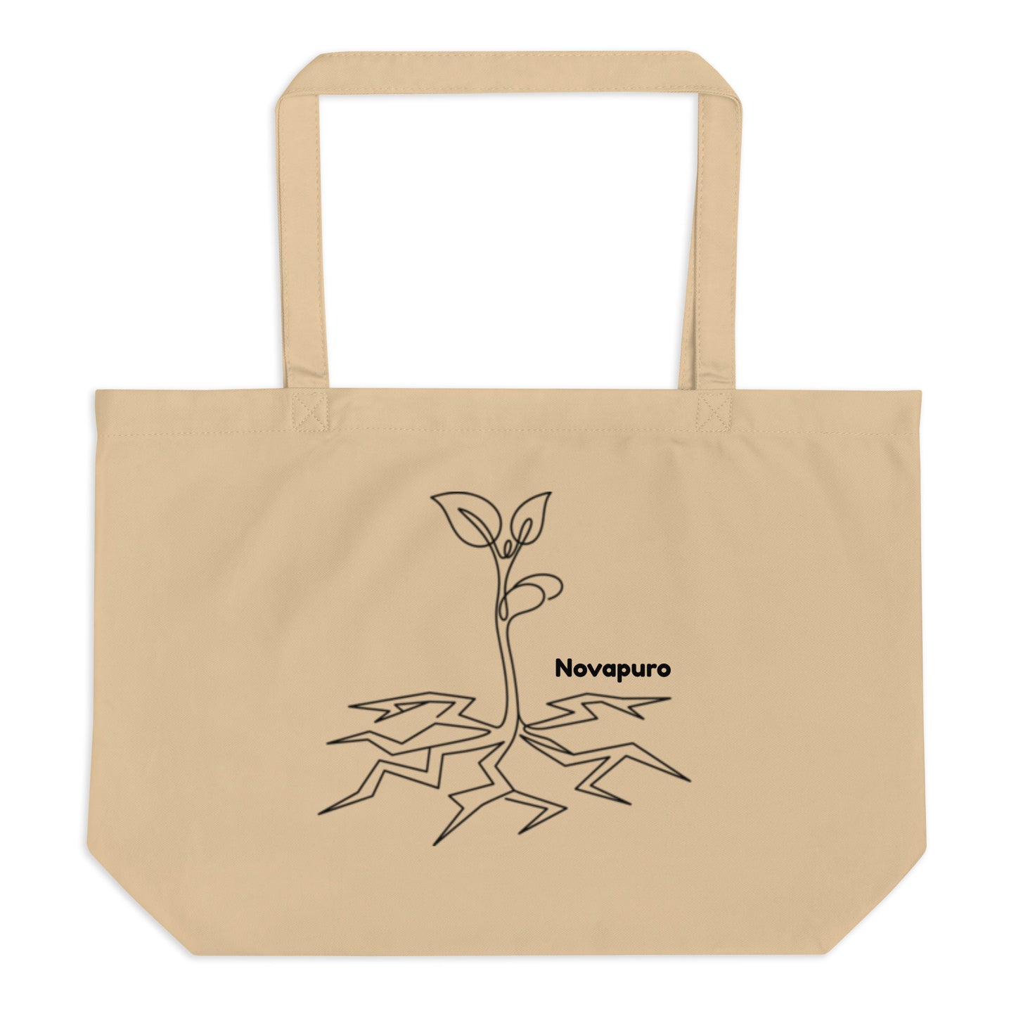 Minimalist organic cotton tote bag featuring a continuous black line drawing of a spring sprout by Novapuro