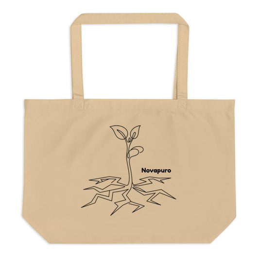 Minimalist organic cotton tote bag featuring a continuous black line drawing of a spring sprout by Novapuro