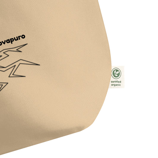 Minimalist organic cotton tote bag featuring a continuous black line drawing of a spring sprout by Novapuro