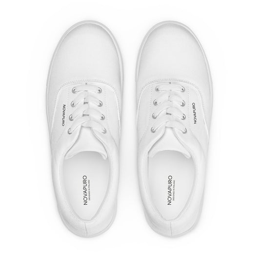 Minimalist charcoal grey men's canvas sneakers with clean white NOVAPURO branding and horizon line design