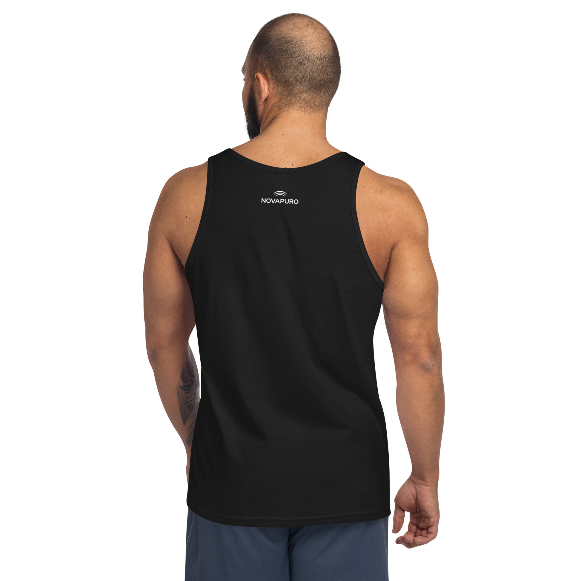 Male model showing the athletic fit of the black Novapuro Movement lightweight sleeveless workout shirt.