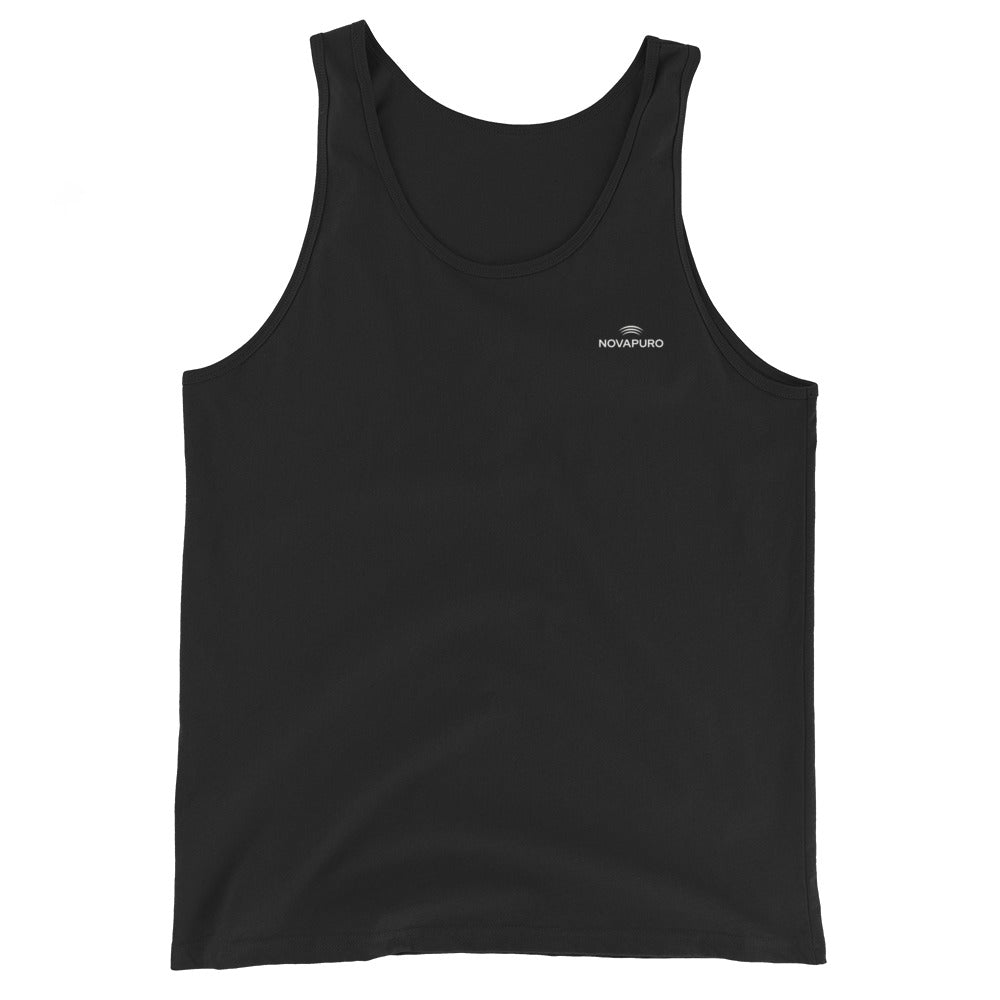 Front view of the black Novapuro Movement eco-friendly men's tank top featuring a subtle minimalist logo.