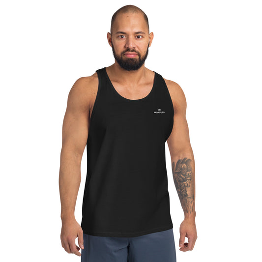 Male model wearing a black Novapuro Movement breathable tank top, designed for an active Nordic lifestyle.