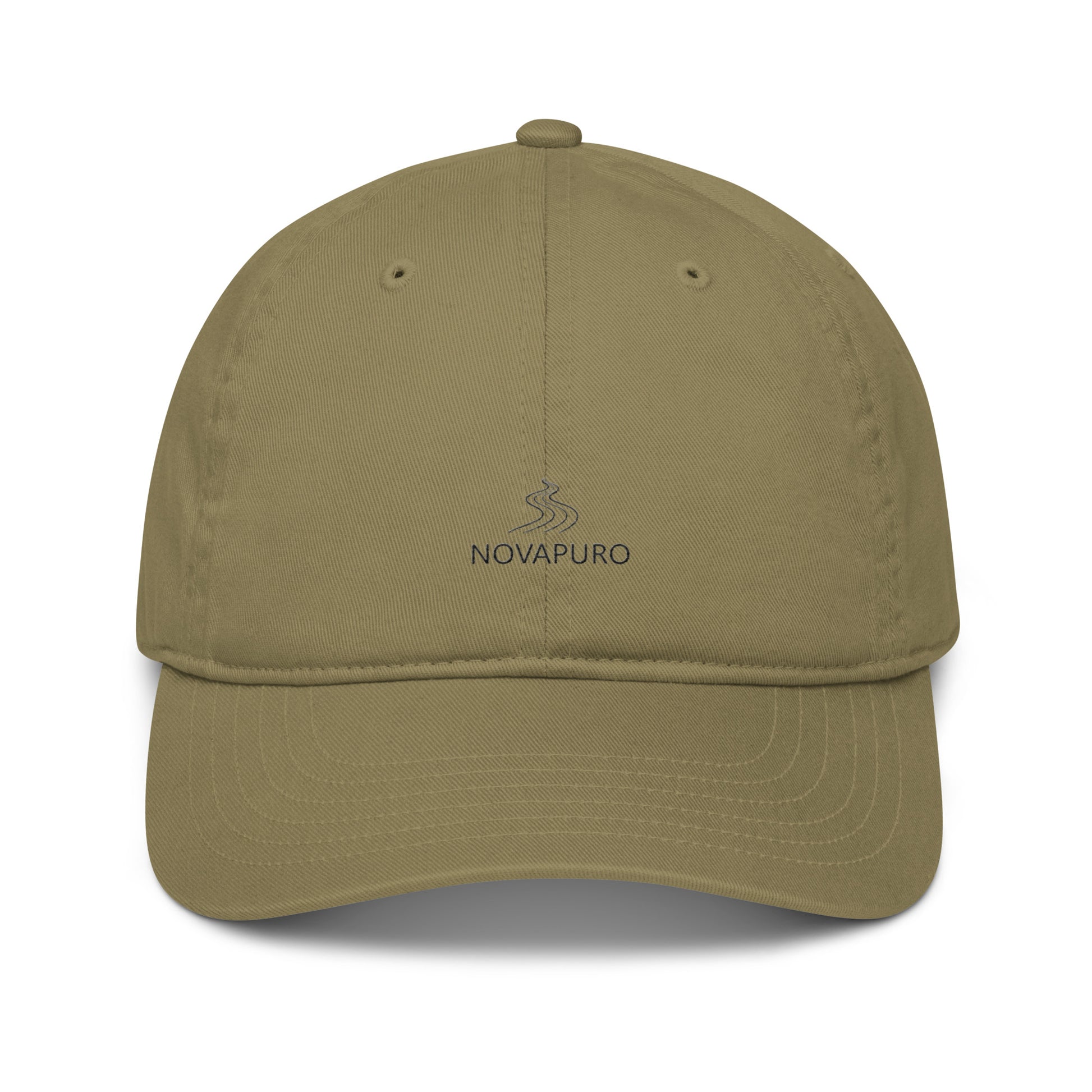 Model wearing the forest green Novapuro Signature Organic Cap made from sustainable cotton