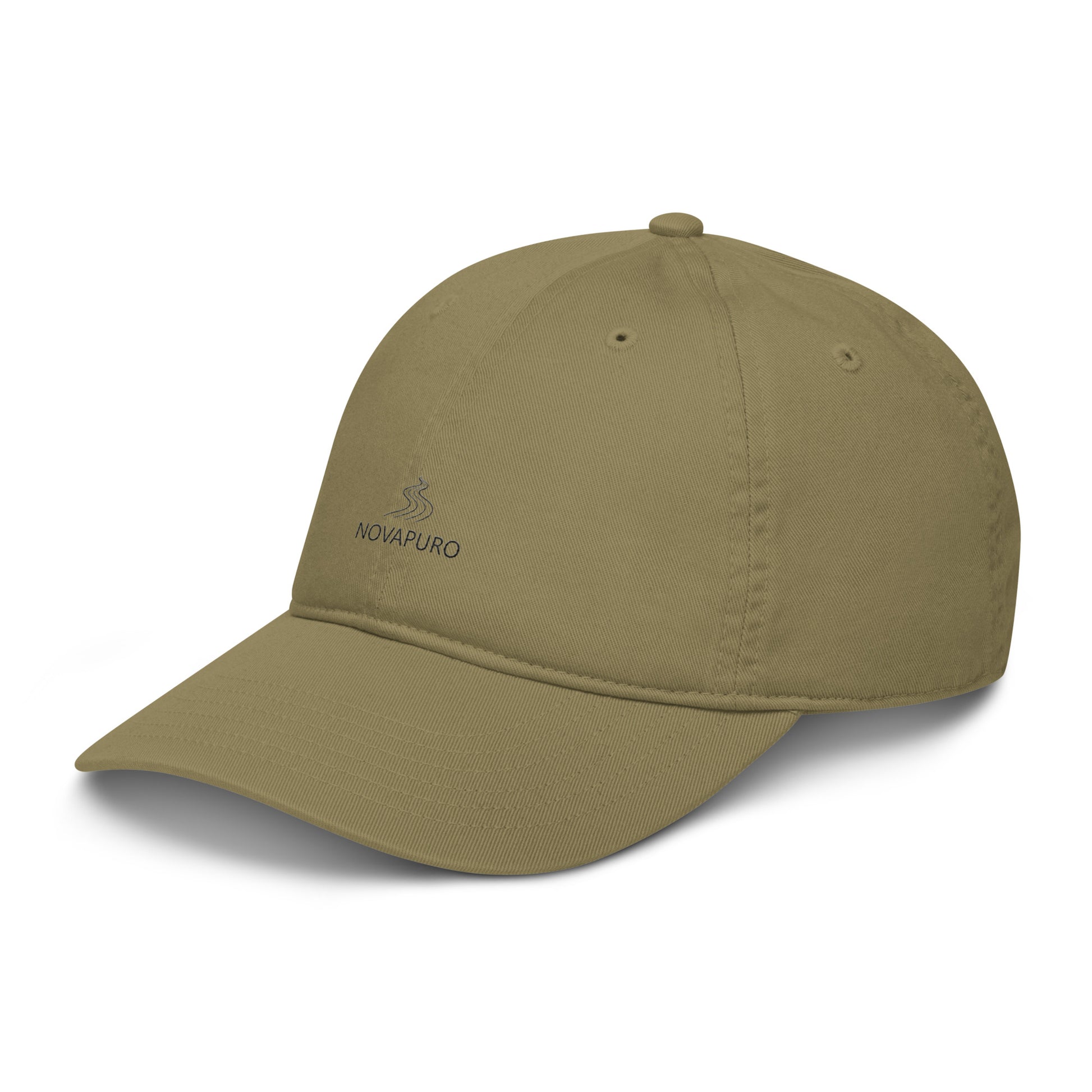 Model wearing the forest green Novapuro Signature Organic Cap made from sustainable cotton