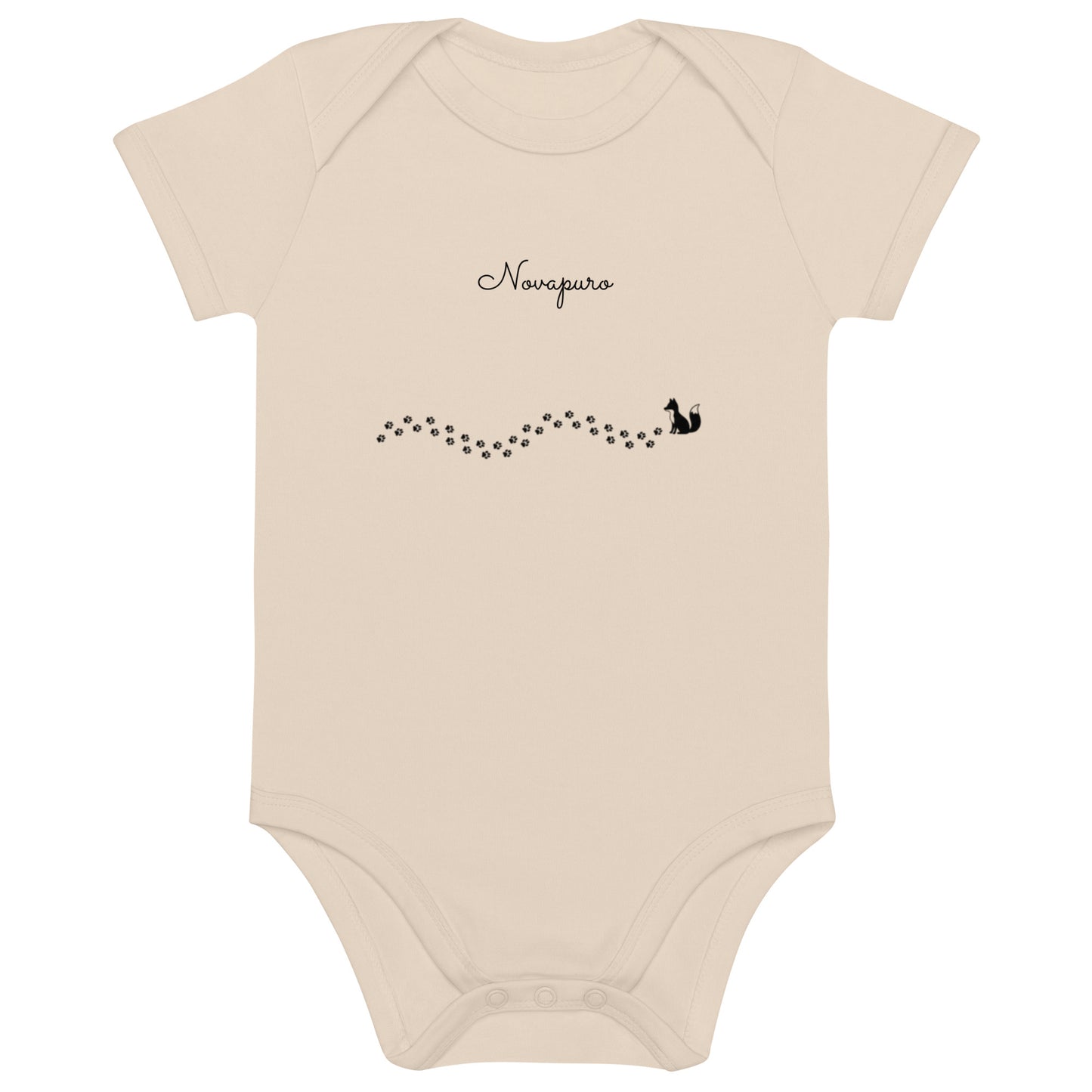 Novapuro Organic Curious Fox Baby Bodysuit. Beige organic cotton onesie with minimalist fox print. Sustainable baby clothes.