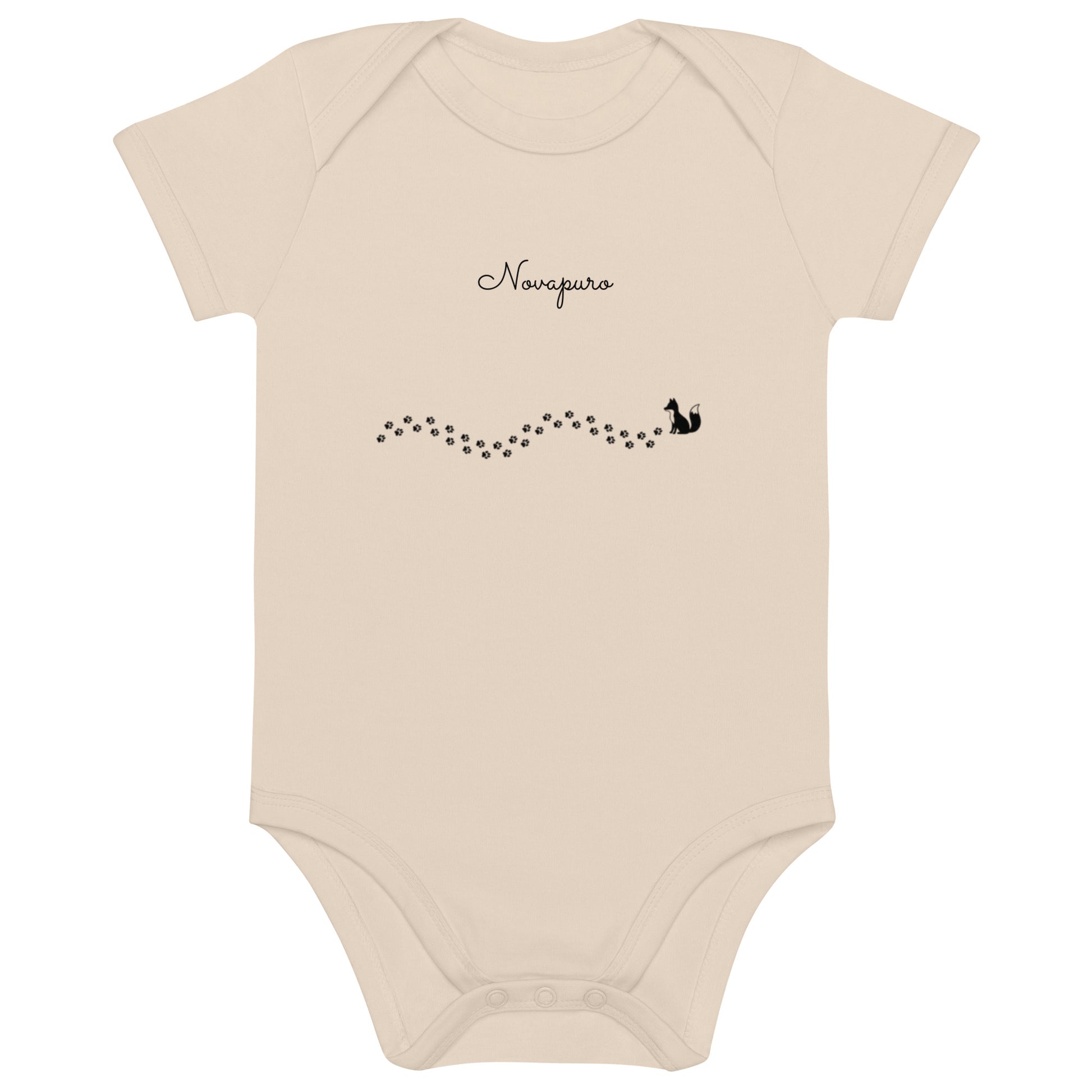 Novapuro Organic Curious Fox Baby Bodysuit. Beige organic cotton onesie with minimalist fox print. Sustainable baby clothes.