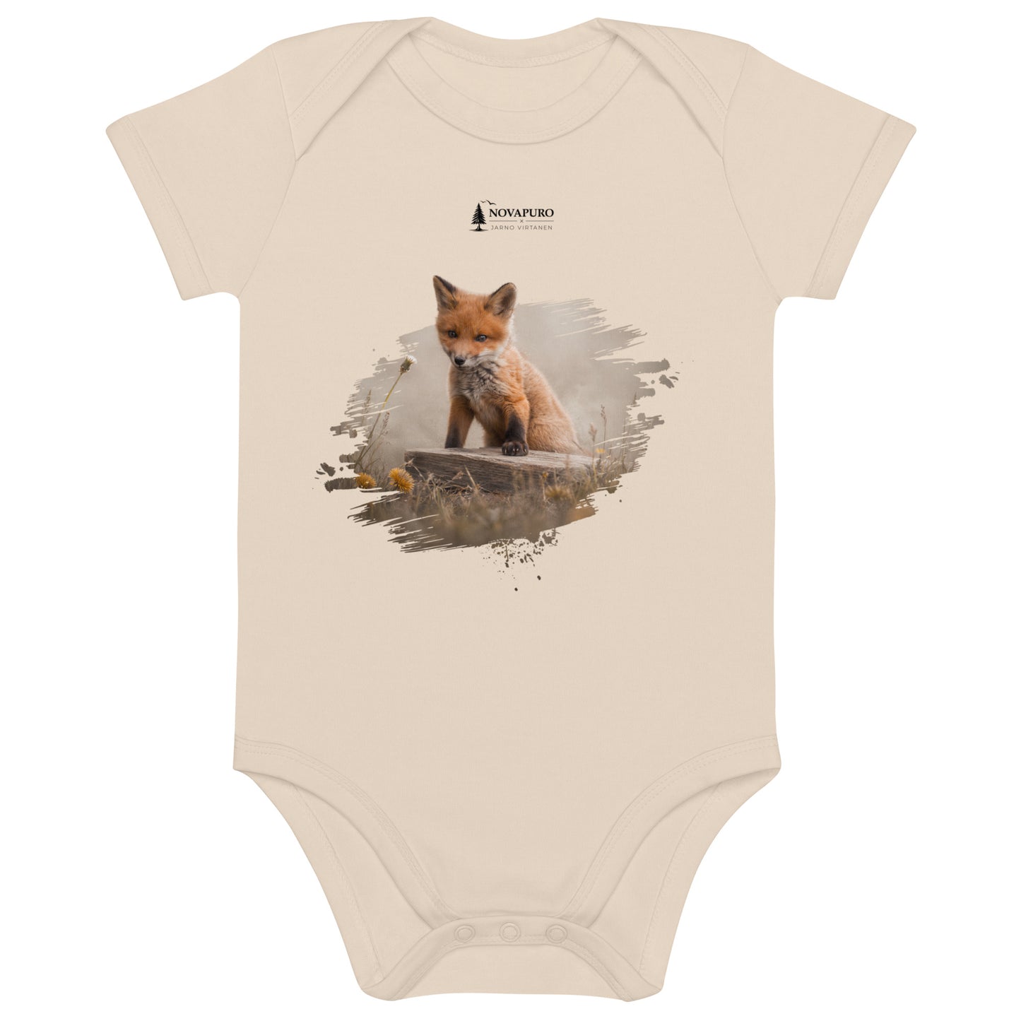 Front view of the natural white Novapuro x Jarno Virtanen organic cotton baby bodysuit showing an adorable red fox kit artwork