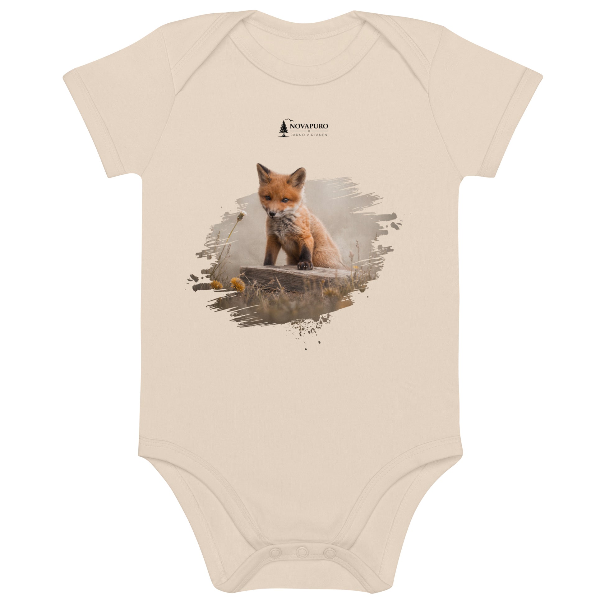 Front view of the natural white Novapuro x Jarno Virtanen organic cotton baby bodysuit showing an adorable red fox kit artwork