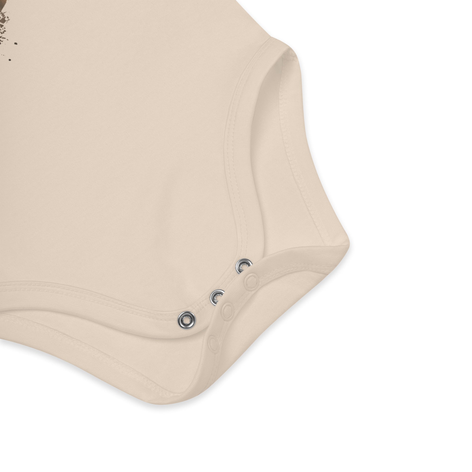 Detail view of the soft organic cotton fabric and nickel-free snap closures on the Novapuro baby bodysuit
