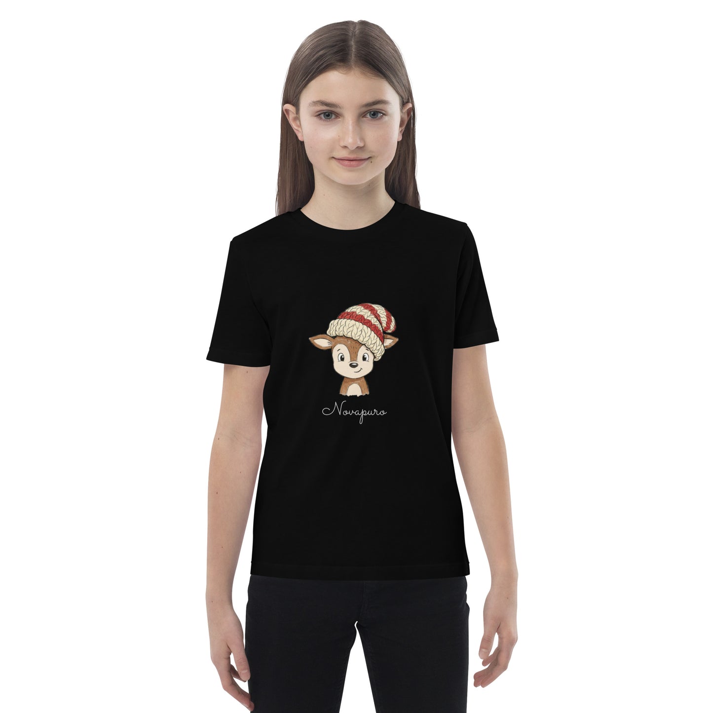 Novapuro Kids Reindeer & Beanie Organic Tee. Soft organic cotton t-shirt for children with cute Nordic reindeer print.