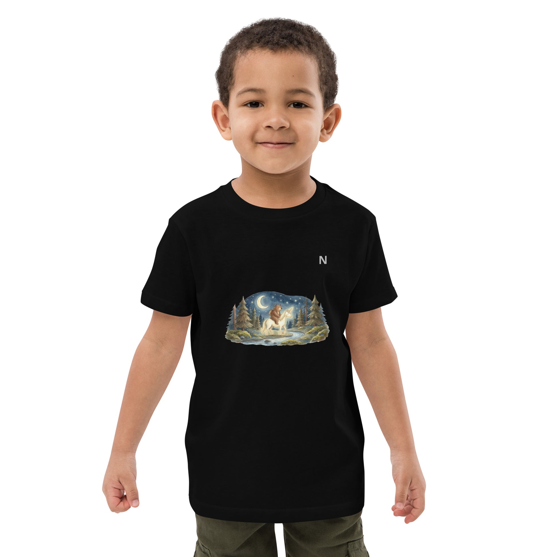Novapuro Kids Enchanted Forest Organic Tee. Soft organic cotton t-shirt for children with playful nature design. Sustainable Nordic kids fashion.