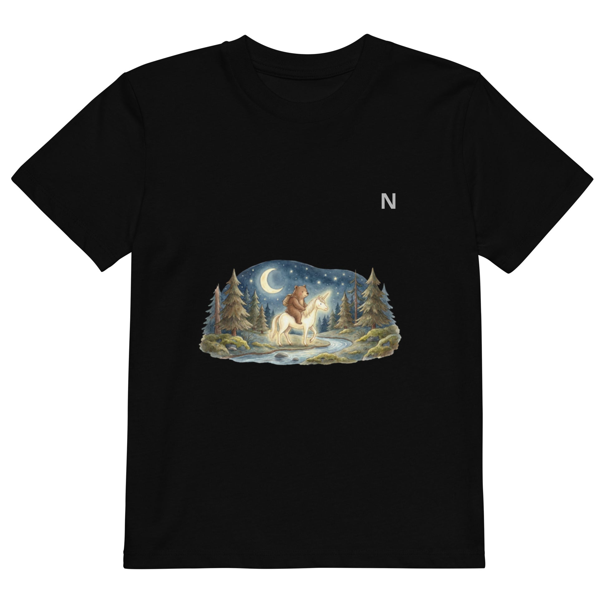 Novapuro Kids Enchanted Forest Organic Tee. Soft organic cotton t-shirt for children with playful nature design. Sustainable Nordic kids fashion.