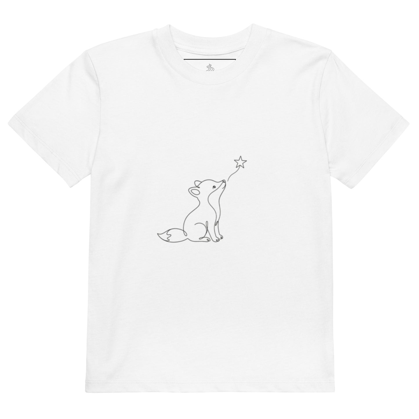 White organic cotton kids t-shirt worn by a young boy, featuring a minimalist black continuous line art of a small fox looking up at a star.