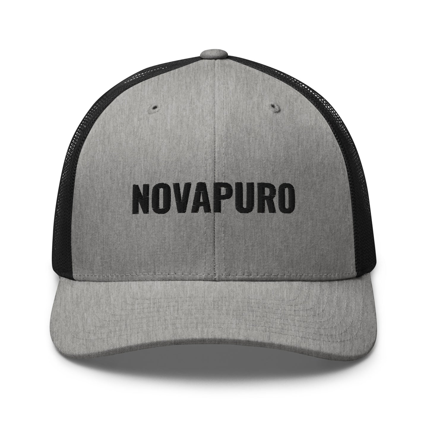 Novapuro "The Essential" Retro Trucker Cap in vintage grey with premium embroidered logo. Durable snapback fishing hat with breathable mesh back.