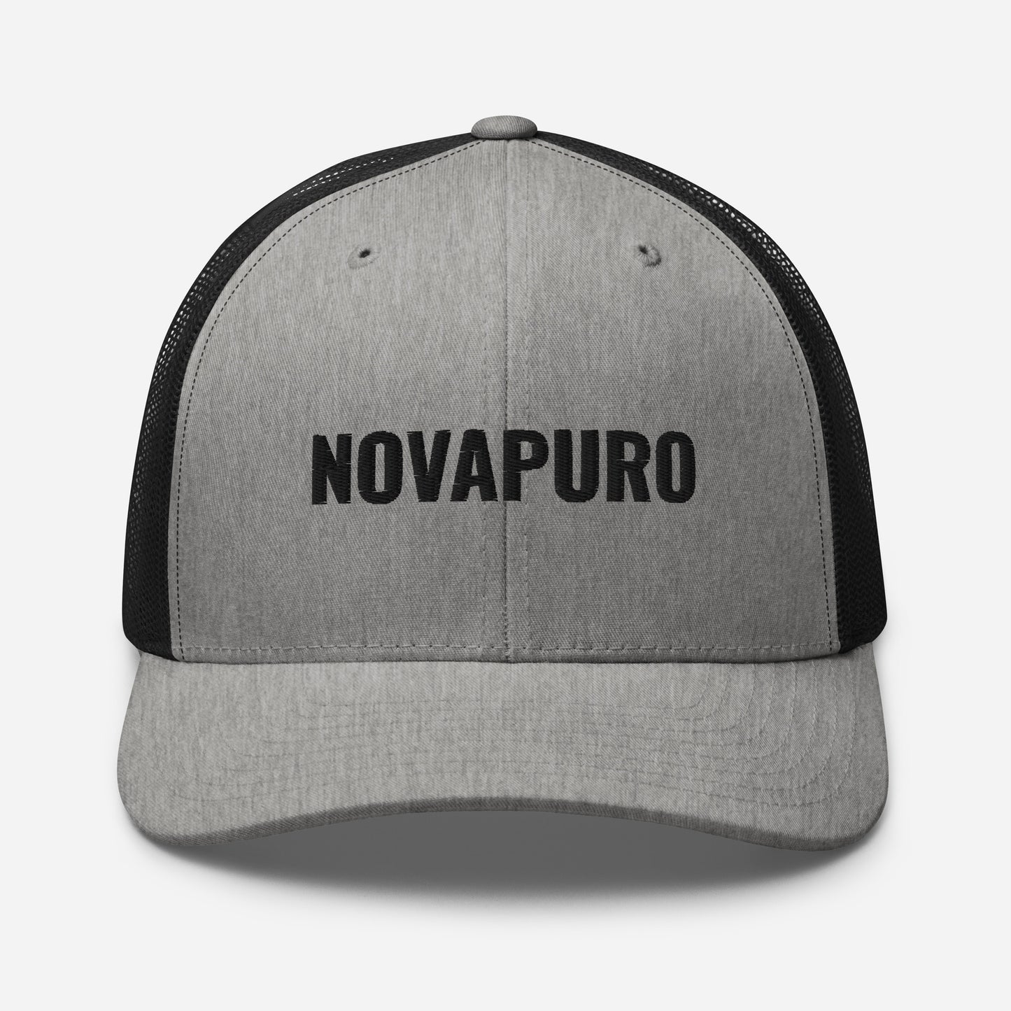 Novapuro "The Essential" Retro Trucker Cap in vintage grey with premium embroidered logo. Durable snapback fishing hat with breathable mesh back.