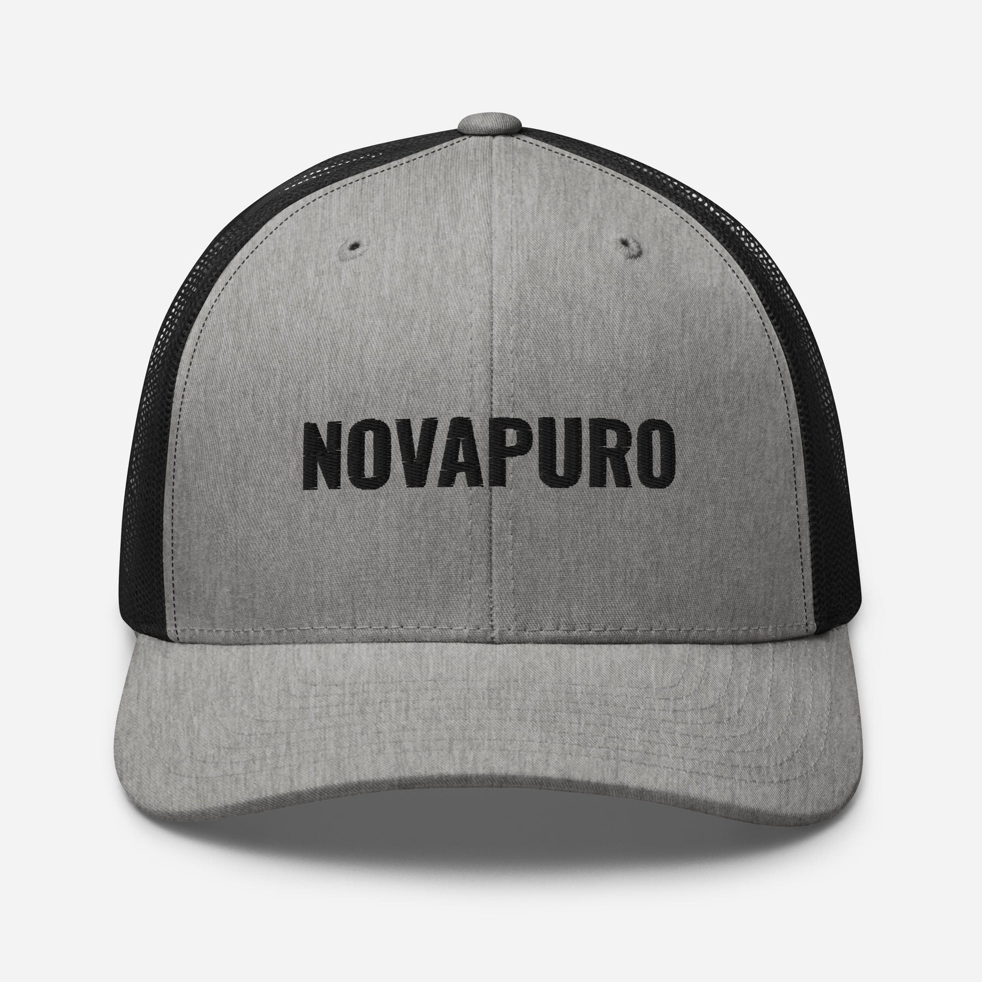 Novapuro "The Essential" Retro Trucker Cap in vintage grey with premium embroidered logo. Durable snapback fishing hat with breathable mesh back.