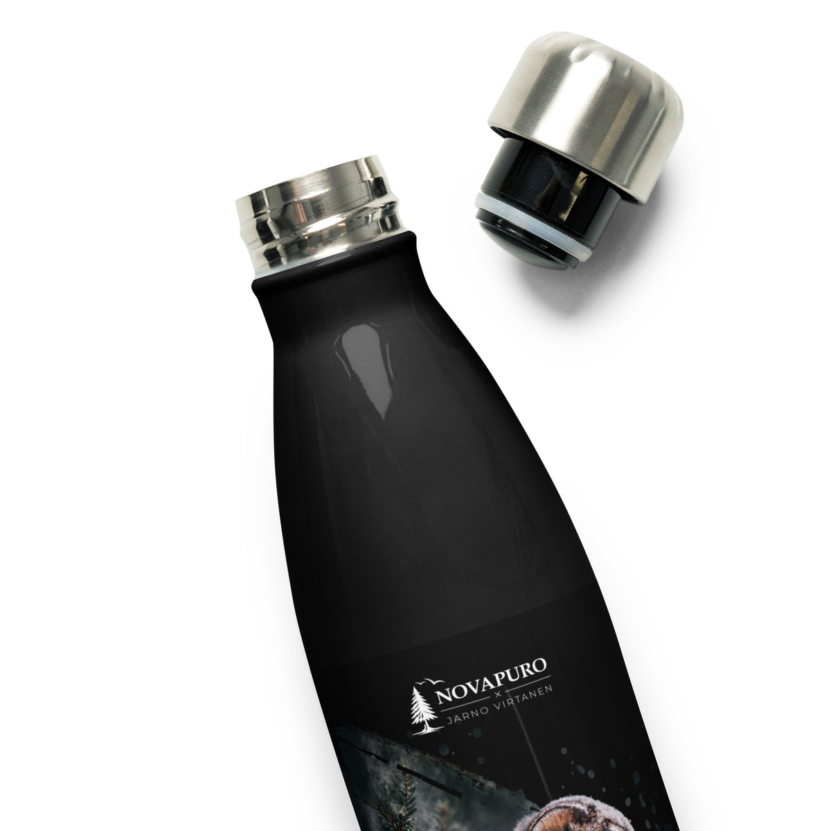 A black double-walled stainless steel water bottle featuring a Nordic long-eared owl chick print by Jarno Virtanen, resting on a wooden surface.