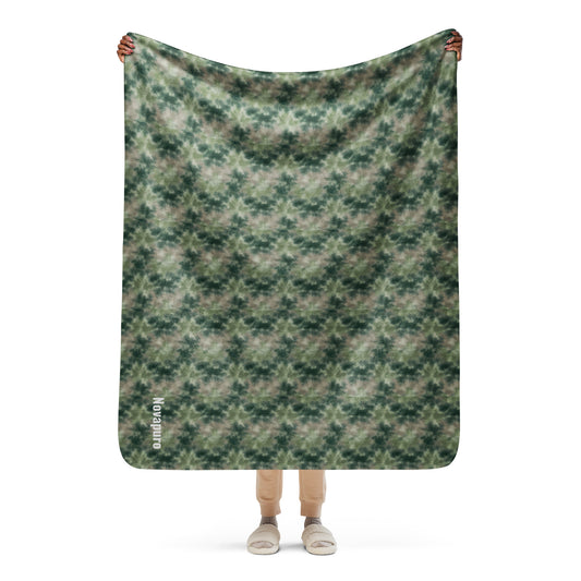 Novapuro Premium Sherpa Blanket with Nordic forest green design. Soft, sustainable throw for cozy home decor.