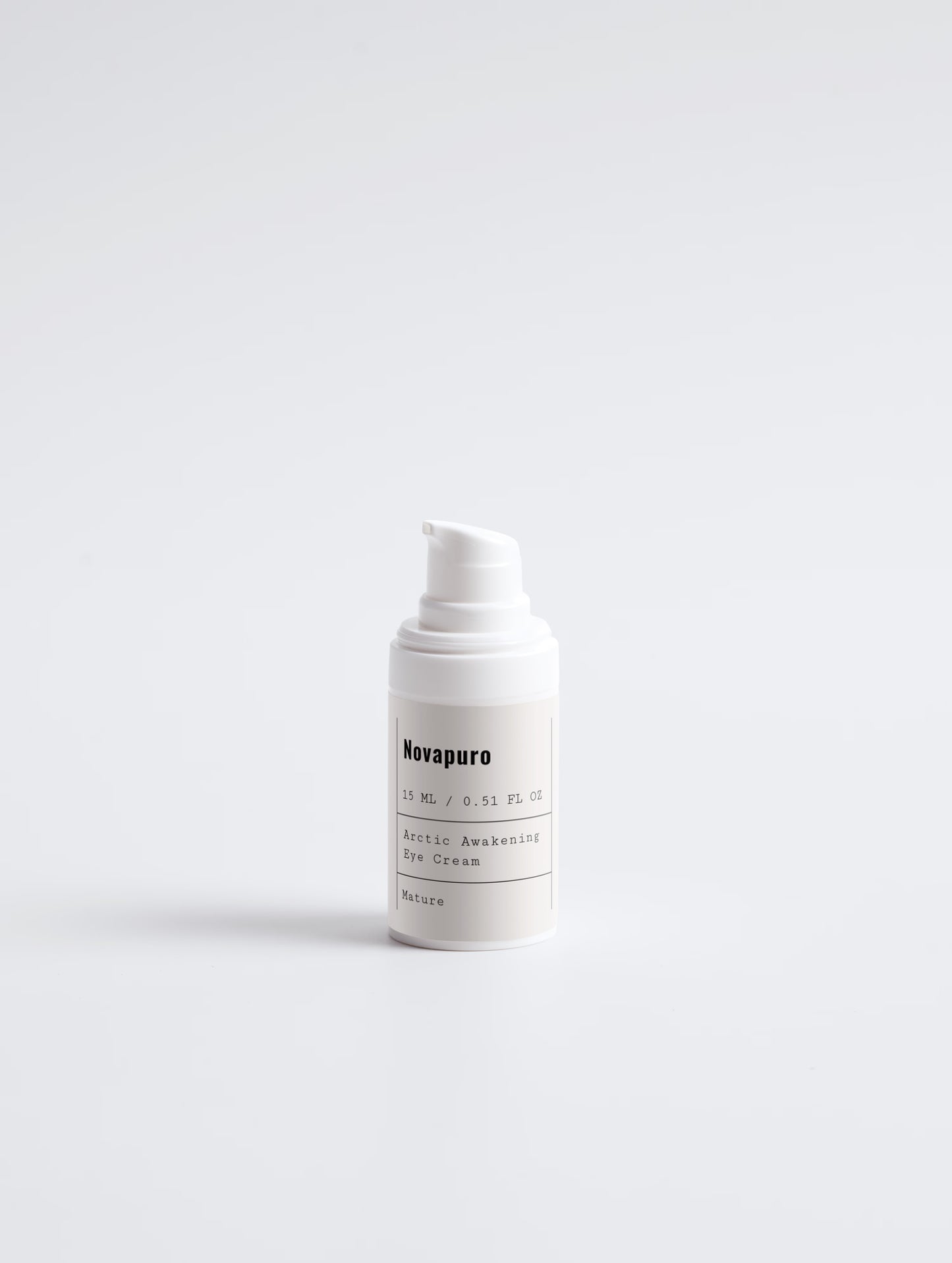 Close-up of the Novapuro eco-certified eye cream bottle, featuring natural ingredients and a clean Nordic design.