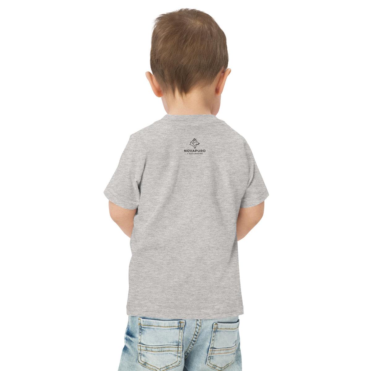 Heather gray toddler t-shirt featuring a detailed Nordic badger illustration, a nature-inspired collaboration between Novapuro and Auli Leivonen.