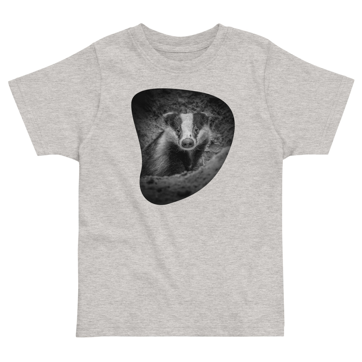 Heather gray toddler t-shirt featuring a detailed Nordic badger illustration, a nature-inspired collaboration between Novapuro and Auli Leivonen.