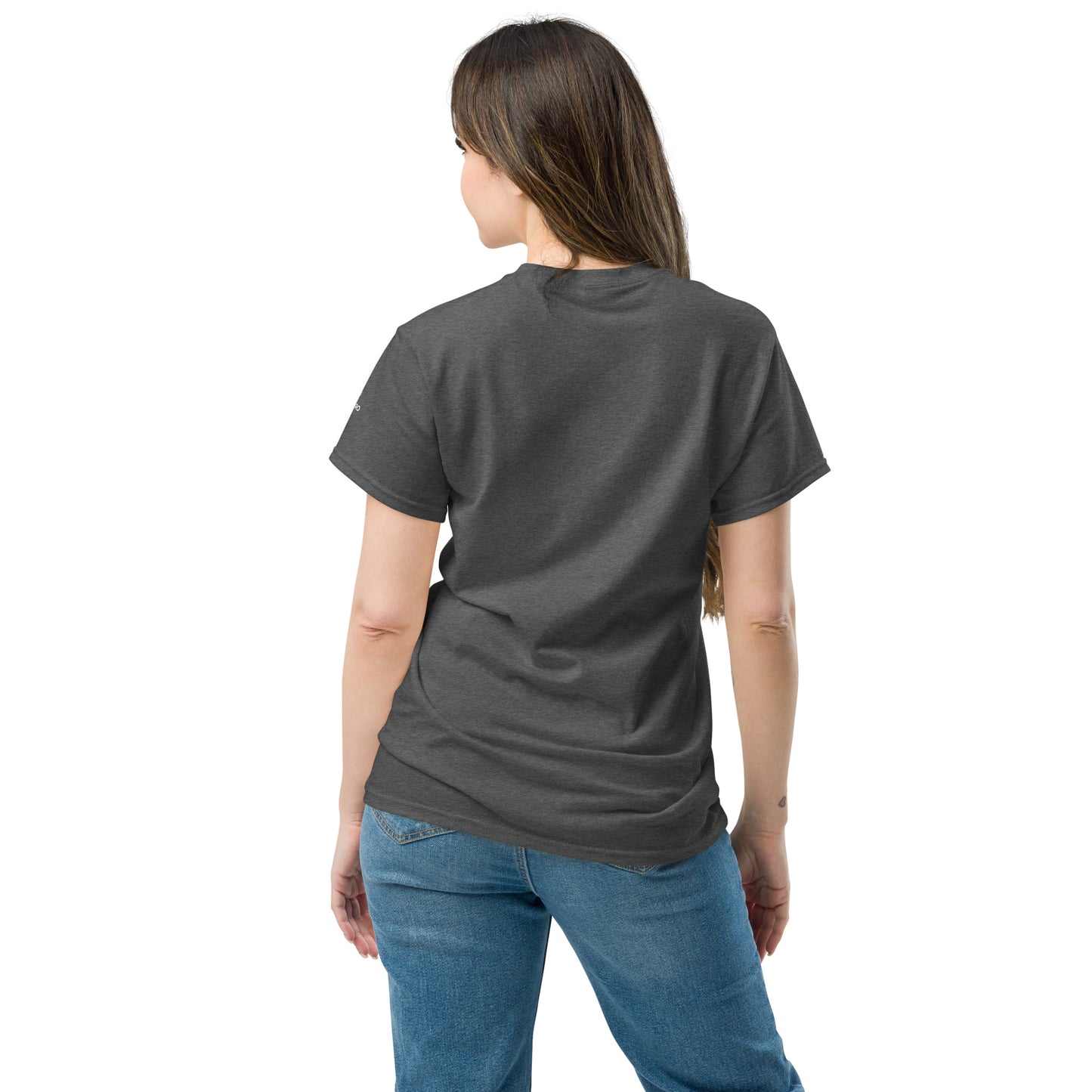 Back view of a woman wearing the unisex Novapuro everyday wilderness t-shirt.