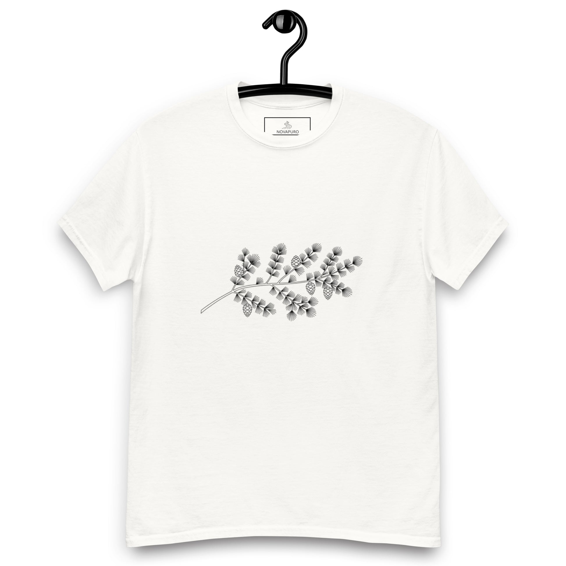 Front view of a white classic t-shirt featuring an elegant minimalist black ink illustration of a Nordic spruce branch centered on the chest.