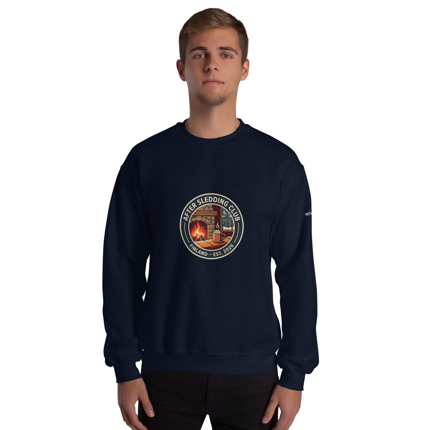 Novapuro Club After Sledding Premium Sweatshirt. Cozy organic cotton pullover perfect for winter relaxation and après-ski style.