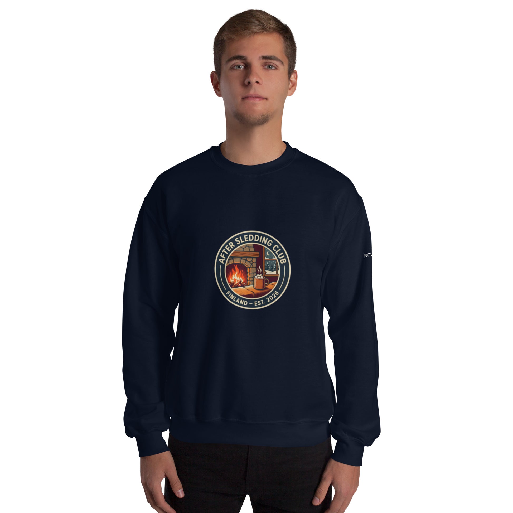 Novapuro Club After Sledding Premium Sweatshirt. Cozy organic cotton pullover perfect for winter relaxation and après-ski style.